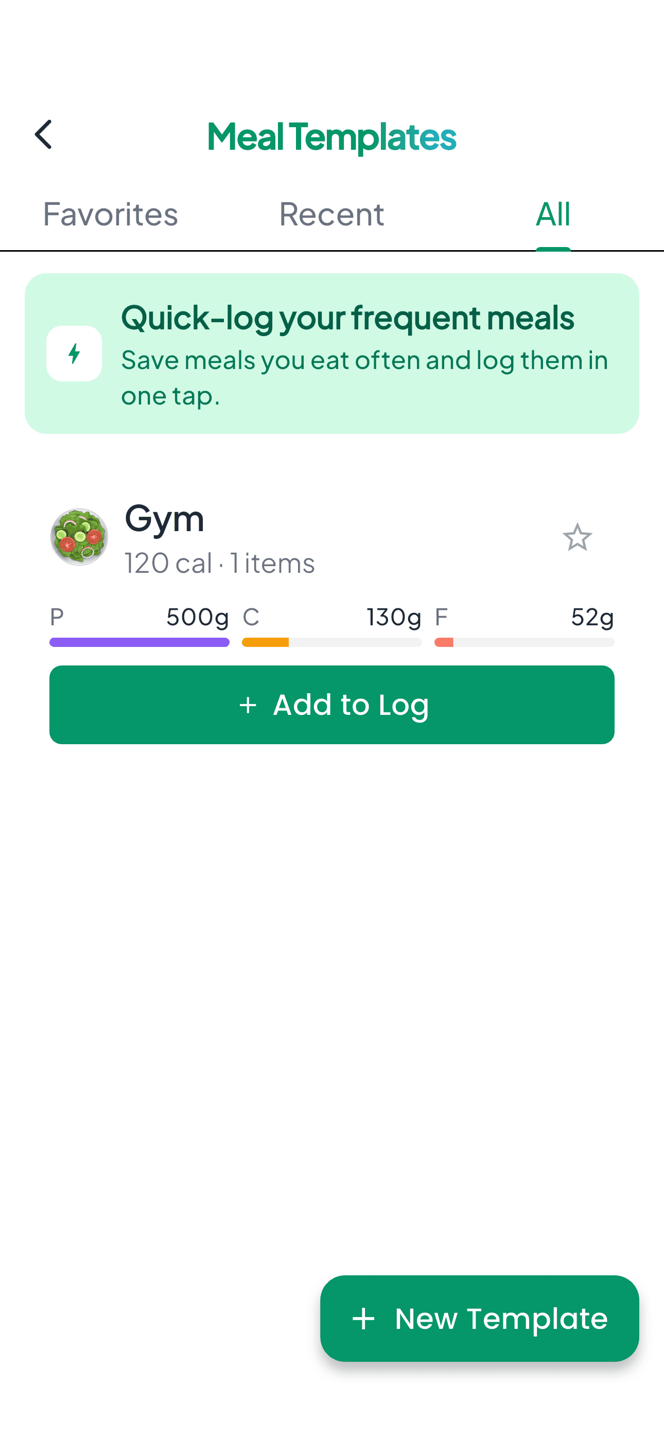 Meal Templates screen