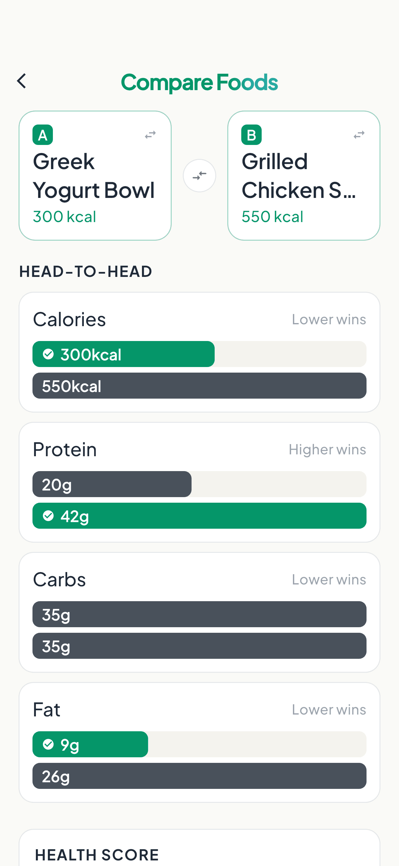 Compare Foods screen