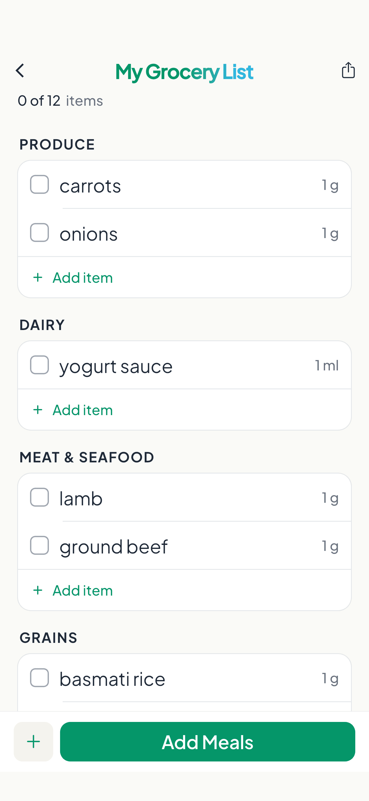 Grocery List screen