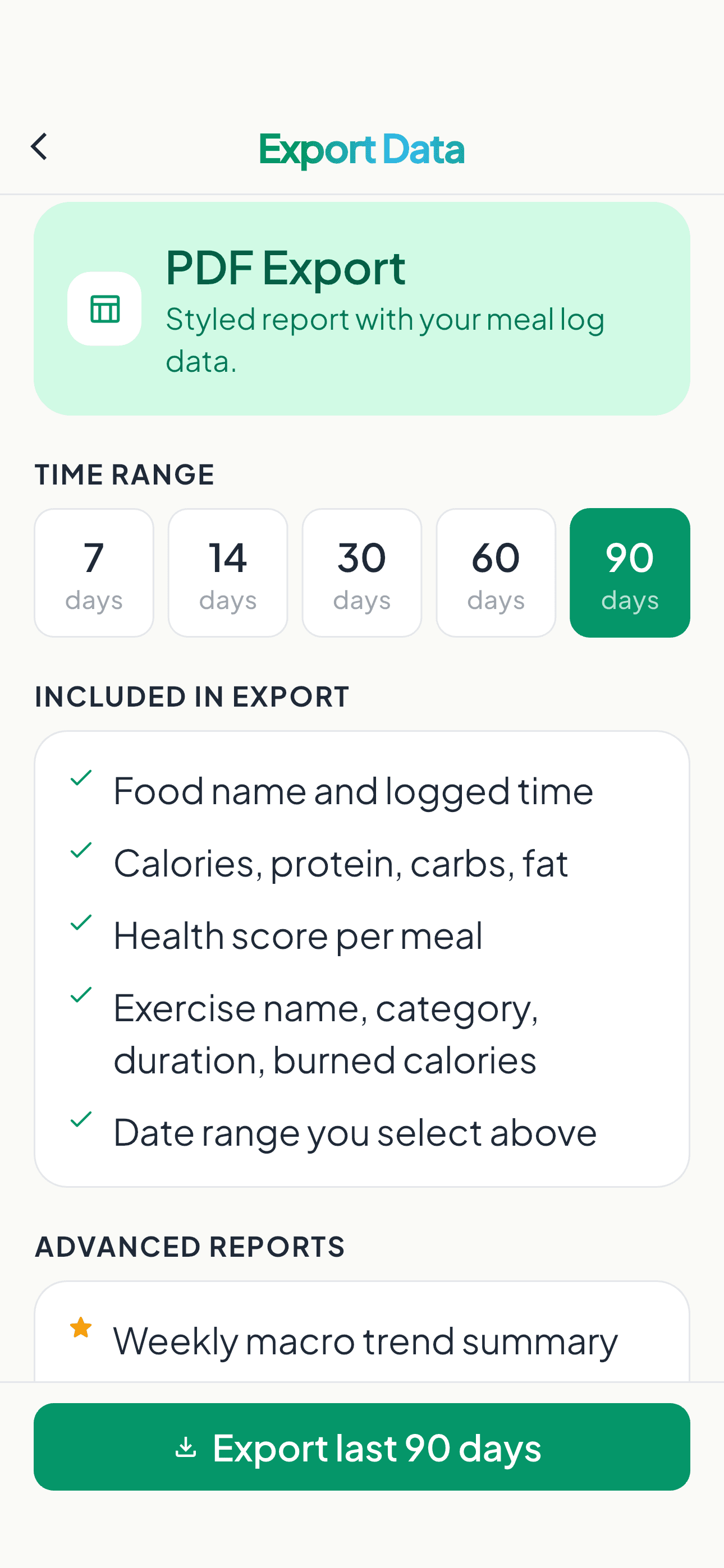 Export Data screen