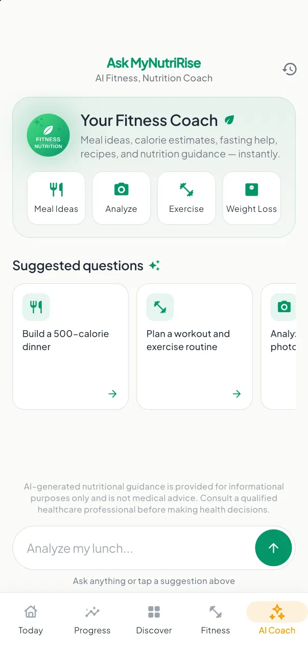 MyNutriRise AI coach chat with meal, exercise and weight guidance