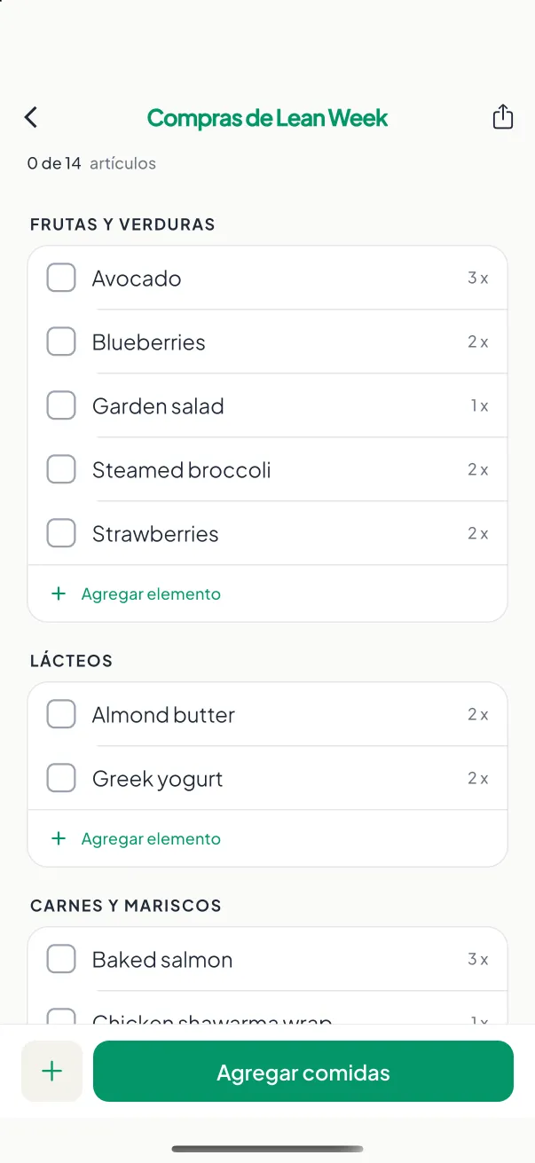 Pantalla de Lista de compras