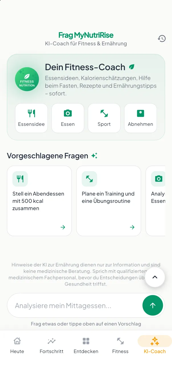 Chat mit dem KI-Coach in MyNutriRise mit Tipps zu Mahlzeiten, Bewegung und Gewicht