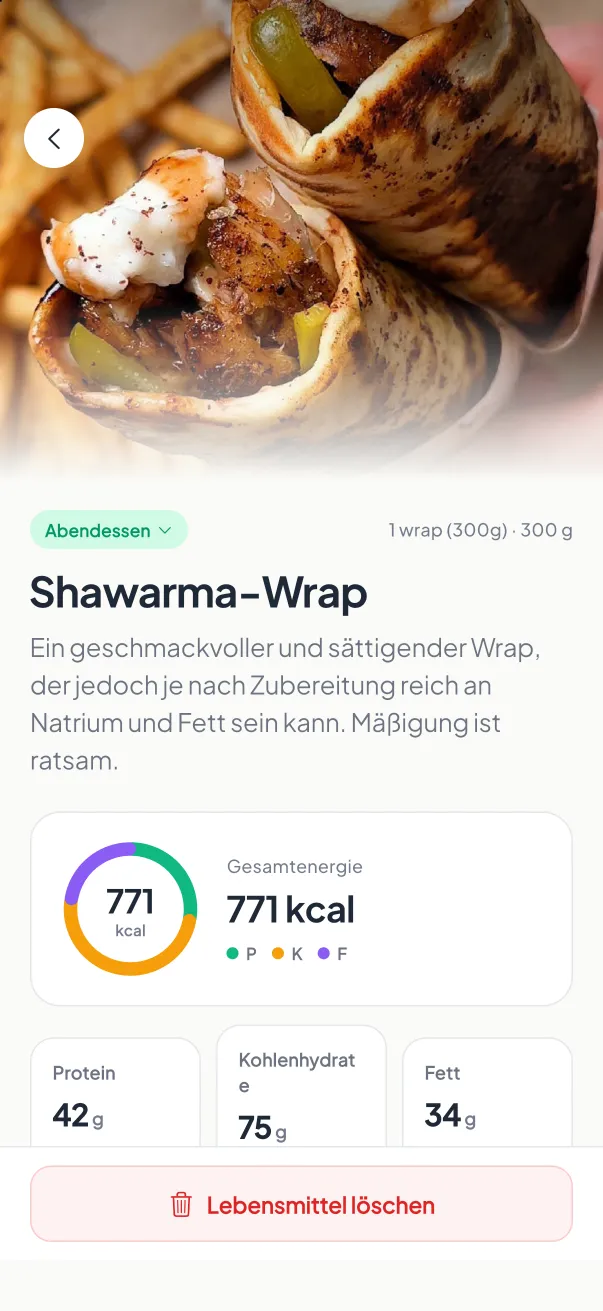 Ergebnis eines KI-Mahlzeit-Scans in MyNutriRise mit Kalorien, Makros und Gesundheitswert