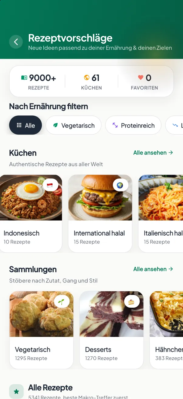 Rezepte-Screen in MyNutriRise mit gesunden Rezepten und Kategorien