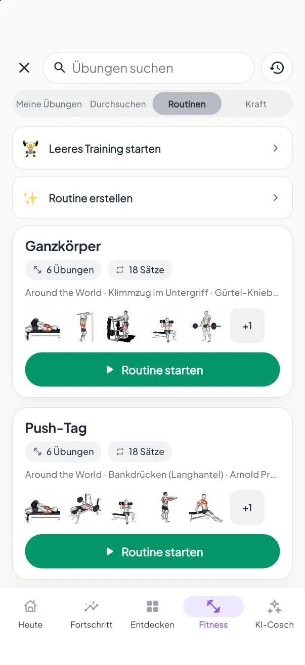 Trainingsroutinen in MyNutriRise – Ganzkörper, Push-Tag und Pull-Tag mit Start-Buttons