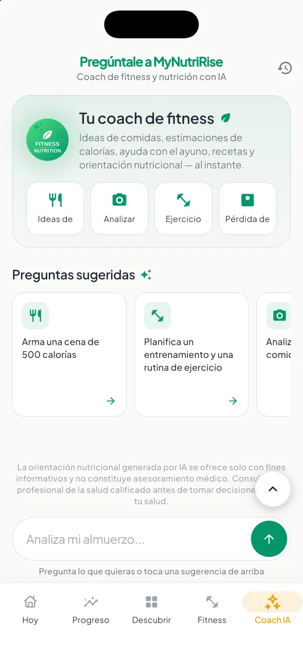 Chat con el coach IA de MyNutriRise con recomendaciones sobre comidas, ejercicio y peso