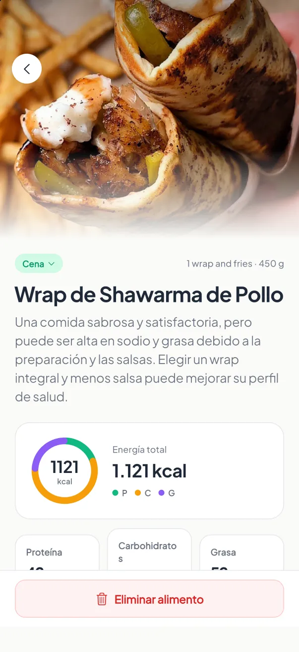 Resultado de un escaneo de comida con IA en MyNutriRise con calorías, macros y puntaje de salud
