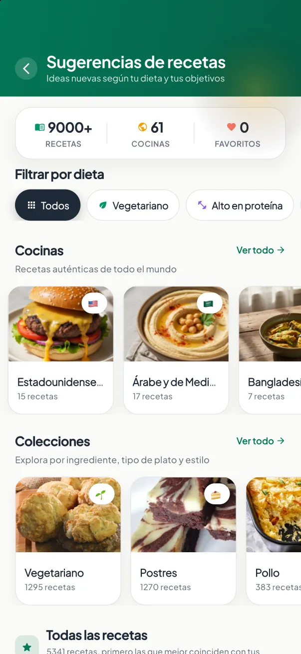 Pantalla de recetas de MyNutriRise con recetas saludables y categorías