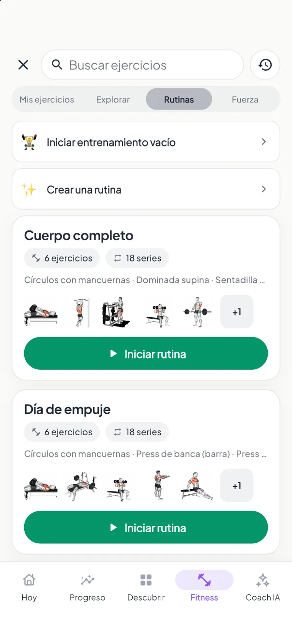 Rutinas de entrenamiento de MyNutriRise —Cuerpo completo, Día de empuje y Día de jalón— con botones para empezar