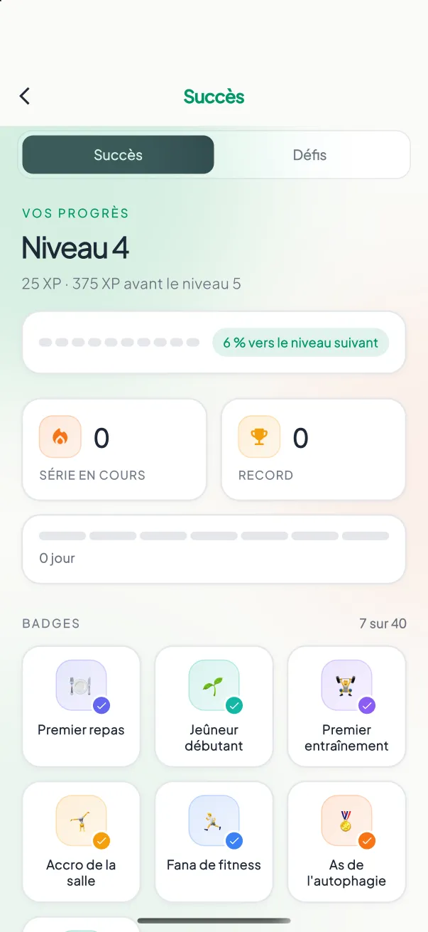 Écran amis et classement de MyNutriRise avec le classement XP