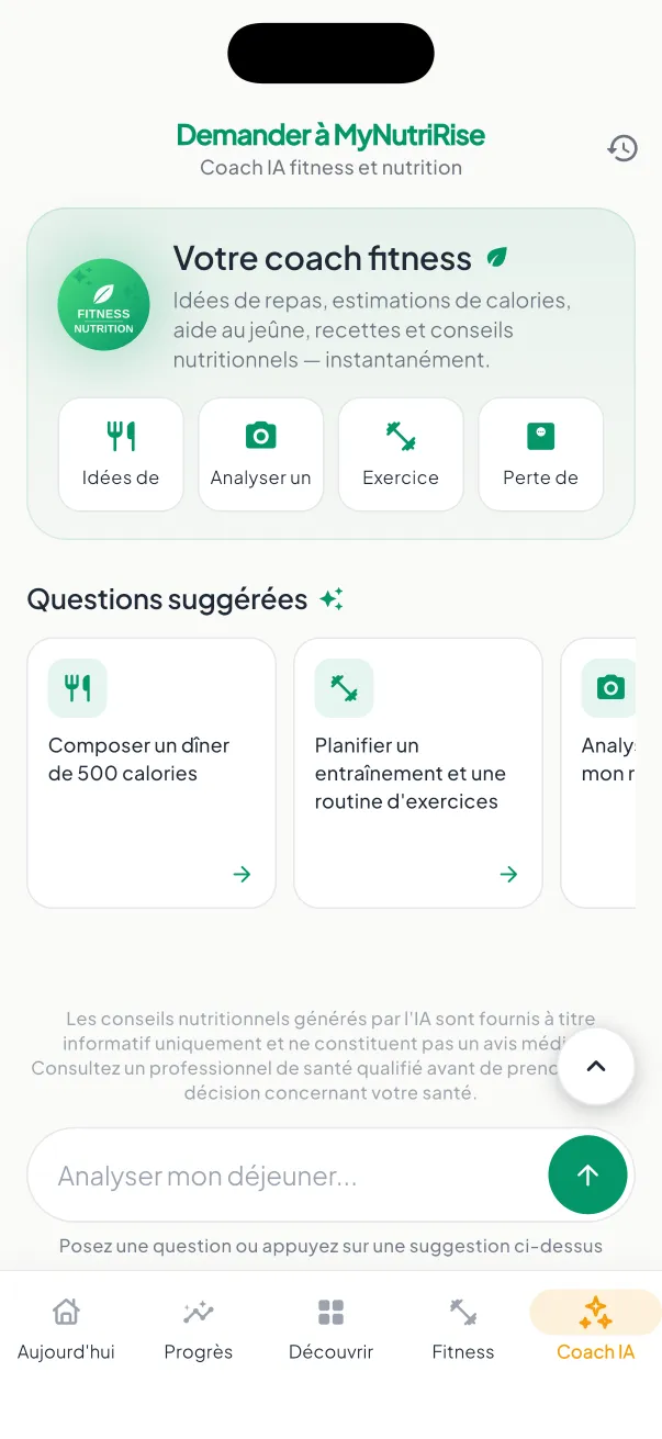 Conversation avec le coach IA de MyNutriRise, avec conseils sur les repas, l’exercice et le poids