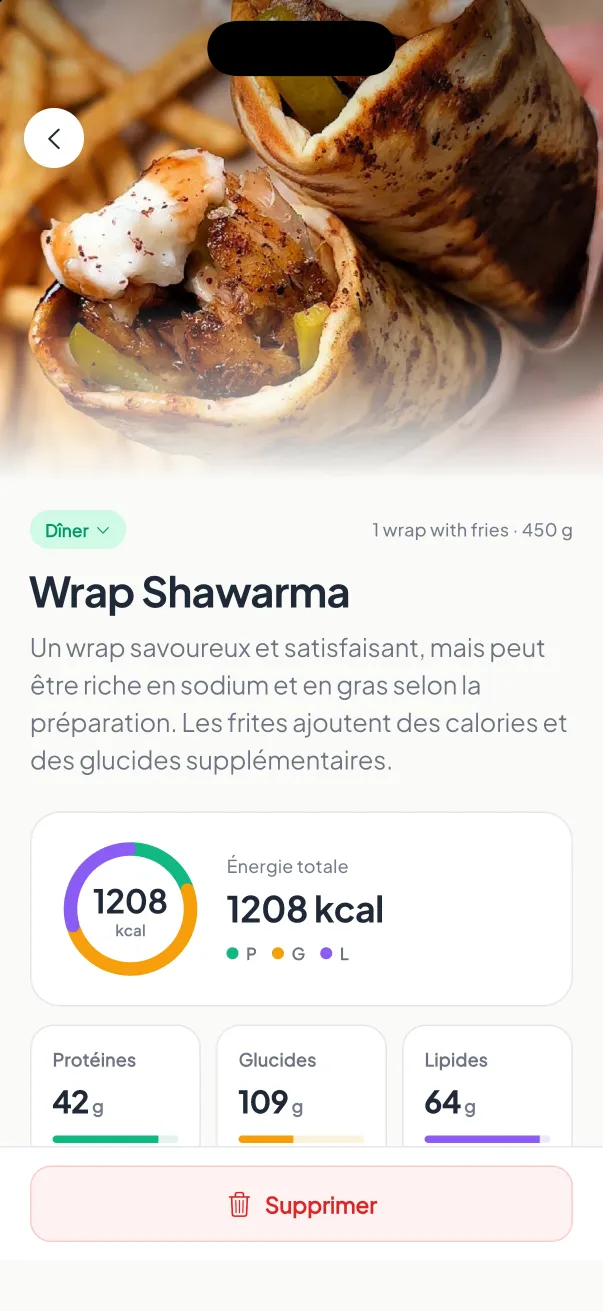Résultat d’un scan repas par IA dans MyNutriRise affichant calories, macros et score santé
