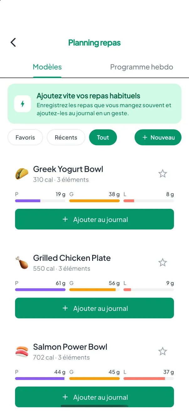Écran Modèles de repas