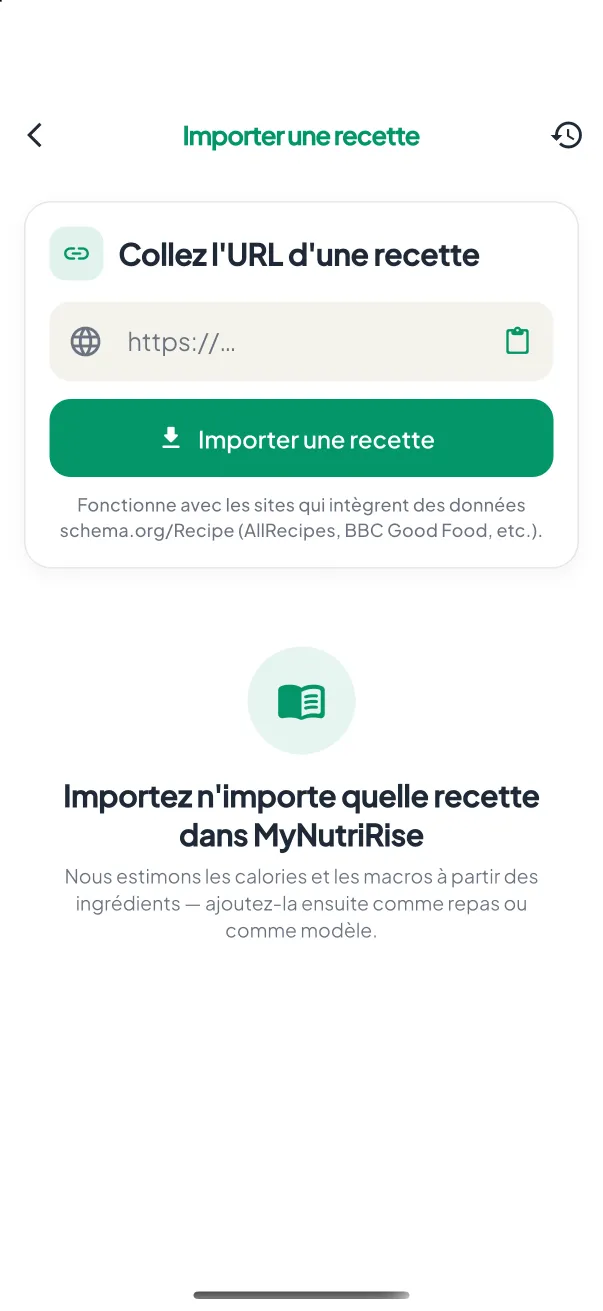 Écran Importer des recettes