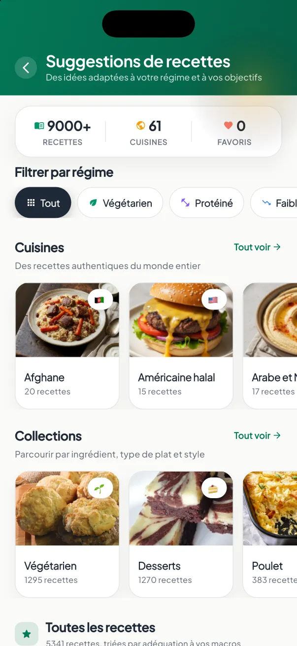 Écran des recettes MyNutriRise avec recettes saines et catégories