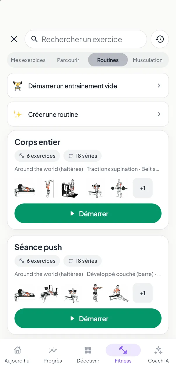 Routines d’entraînement MyNutriRise — Corps entier, Séance push et Séance pull avec boutons de démarrage