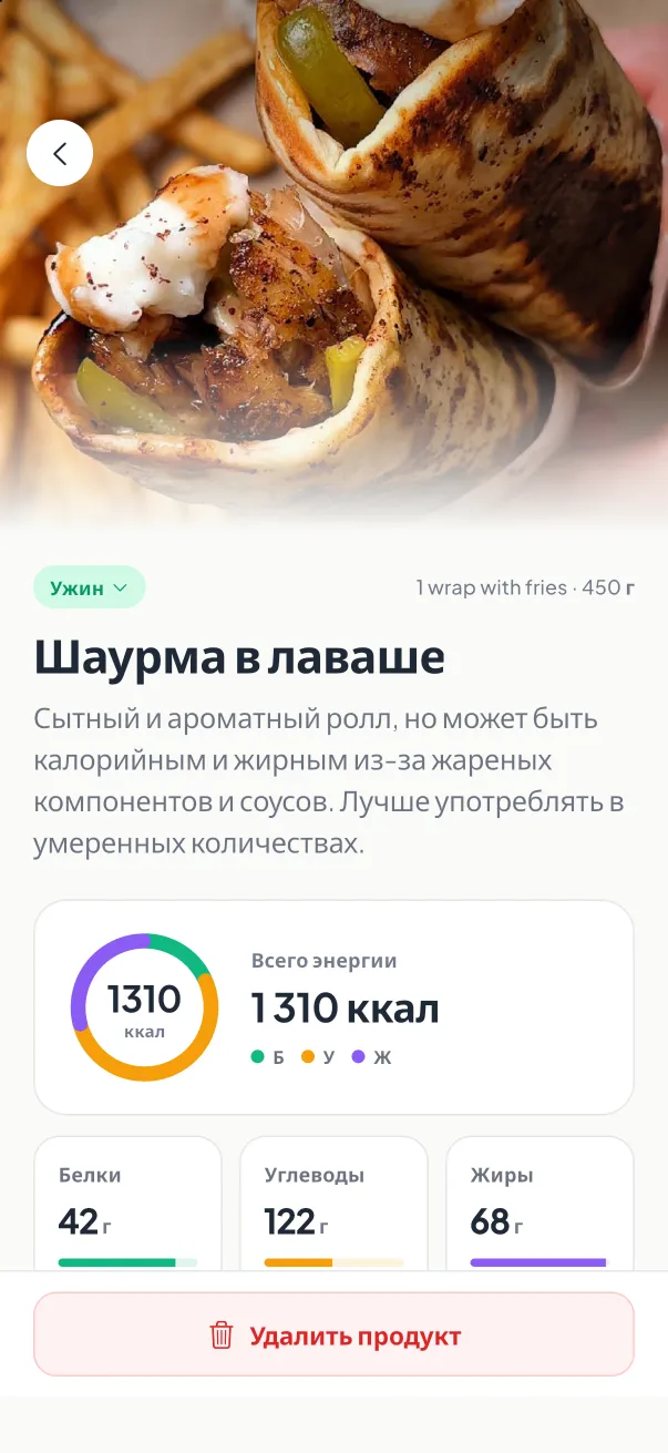 Результат ИИ-скана блюда в MyNutriRise: калории, БЖУ и оценка пользы